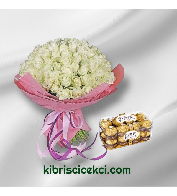 101 Beyaz Gül Buketi 16'lı Ferrero Çikolata